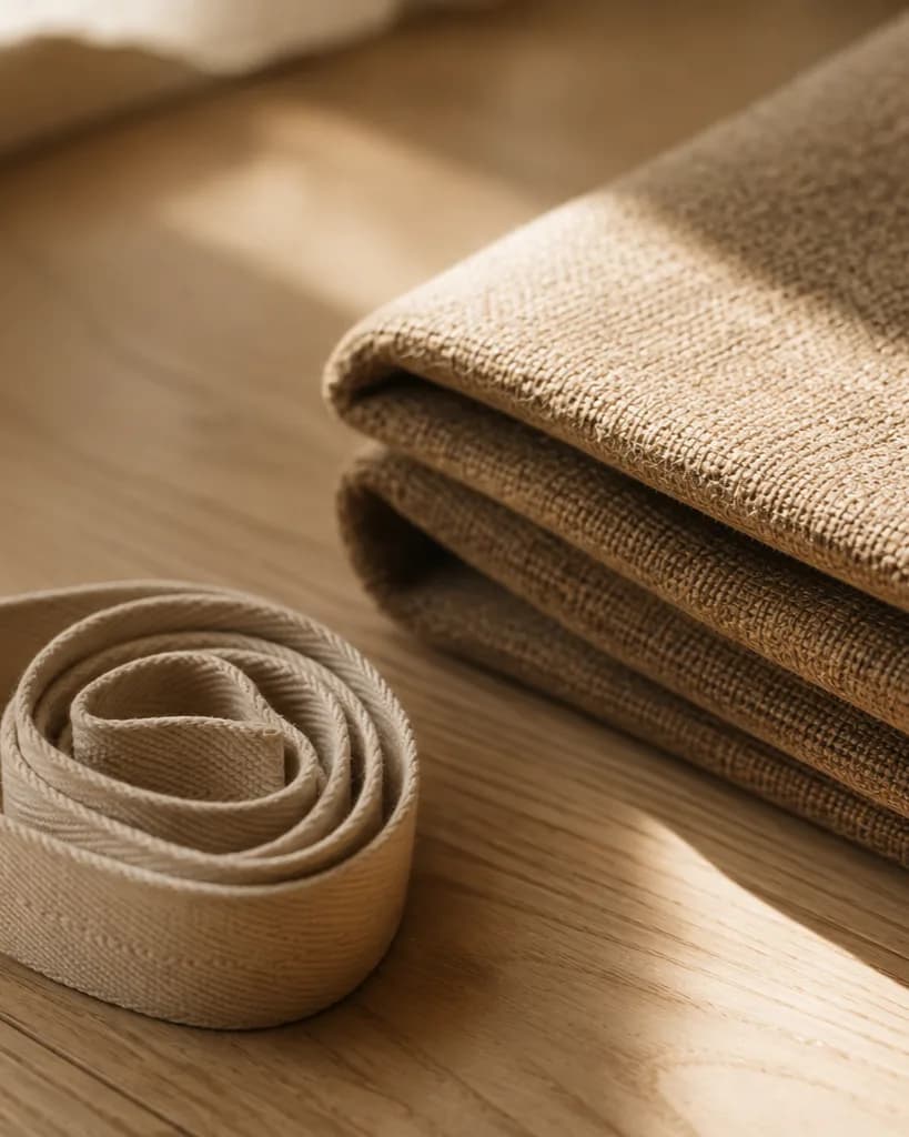 Folded mats and a coiled cotton strap on the timber floor.