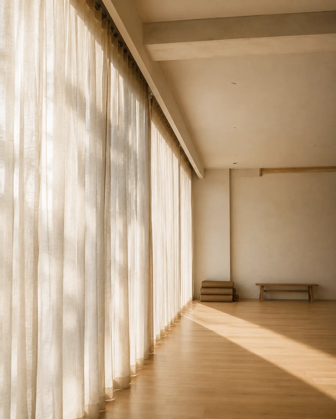 The studio empty in late-morning light, ten mats stacked against the far wall.